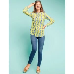TALBOTS Cotton Feminine Popover Skipping Floral Yellow Print‎ Blouse Size Small